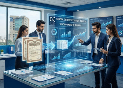 A modern corporate office in Pakistan showing financial professionals analyzing digital stock ownership data on large screens, representing the transformation of paper share certificates into a Central Depository System with holographic fintech visualization.