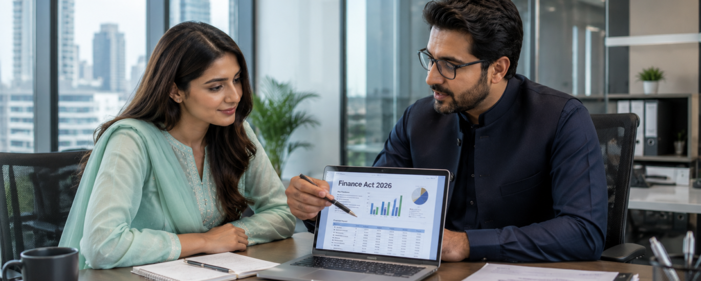 Pakistani tax consultant and female entrepreneur discussing Finance Act 2026 Pakistan in a modern office with laptop showing tax charts.